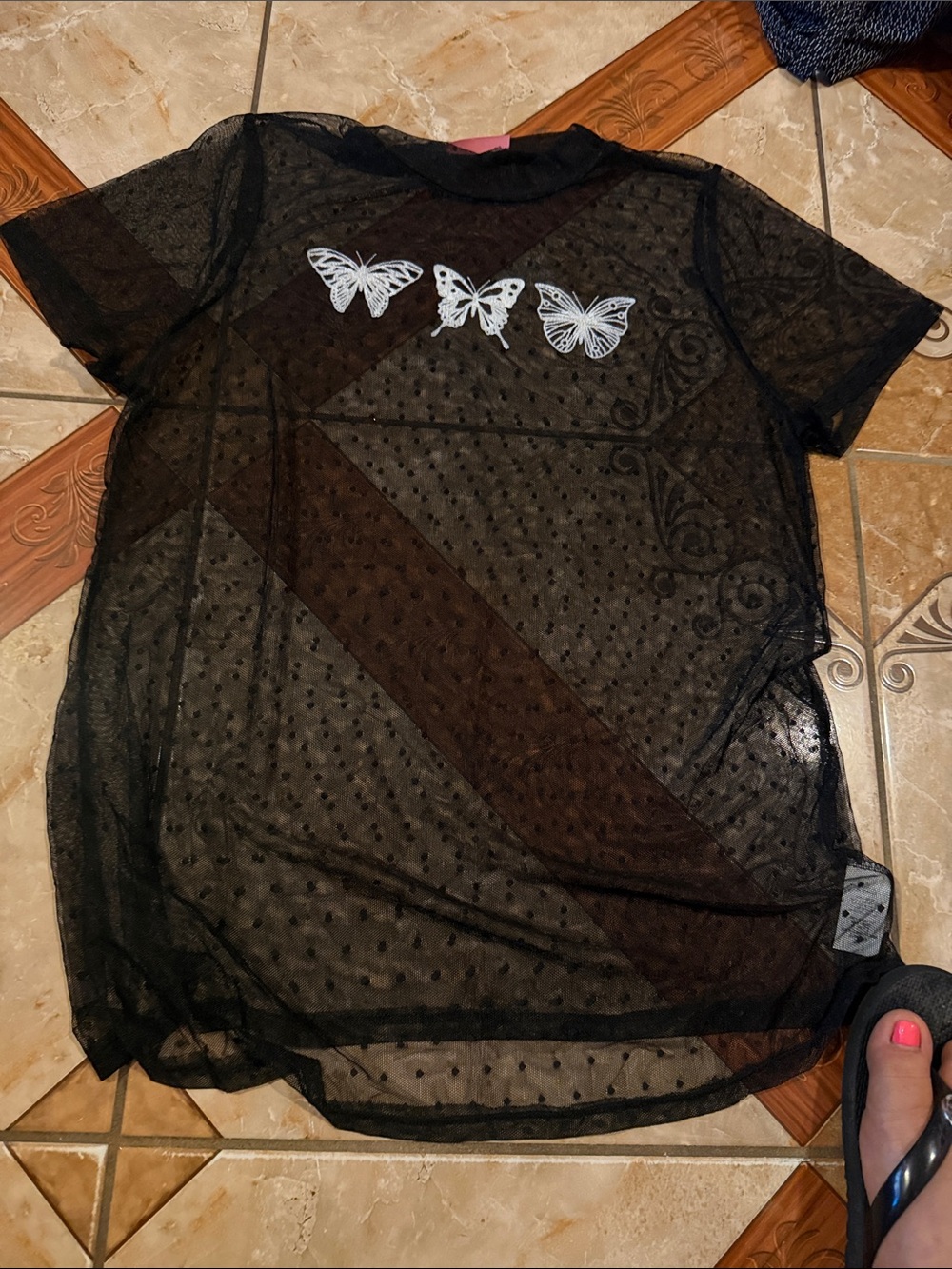 Girls' Black Sheer Dot Mesh Tee with White Butterfly Appliqués
